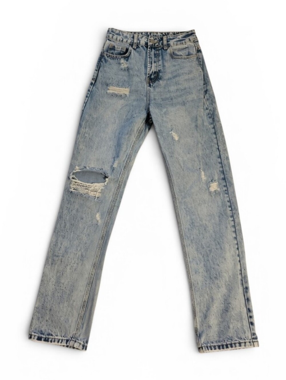 SHEIN High-Rise Light Straight Acid Wash  Blue Ripped Distress Jeans, EUC, S